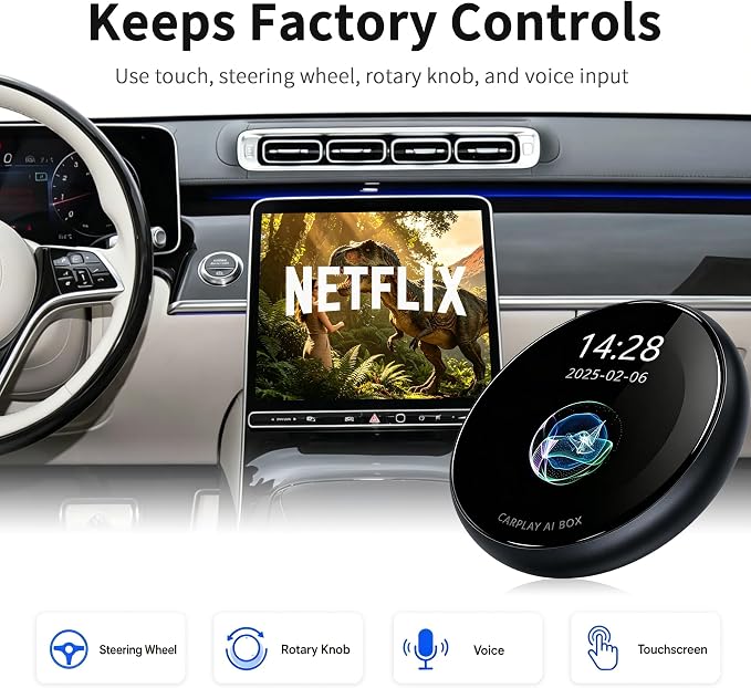 CUSP 3.2 Inch Screen CarPlay AI Box, Wireless Adapter for Factory Wired or Wireless CarPlay Cars, Magic Streaming Video Box with Netflix YouTube TikTok, Android Auto, TF Card, Plug and Play