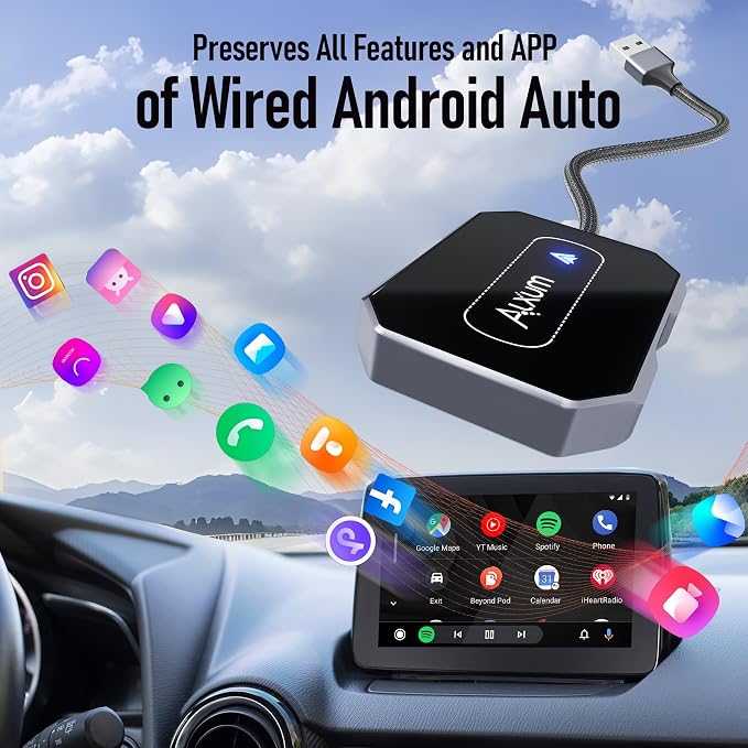 Alxum Wireless AA Adapter - Convert Wired to Wireless for Android Auto, Dual Connection Design, Online Upgrade Only, Supports AA 12+