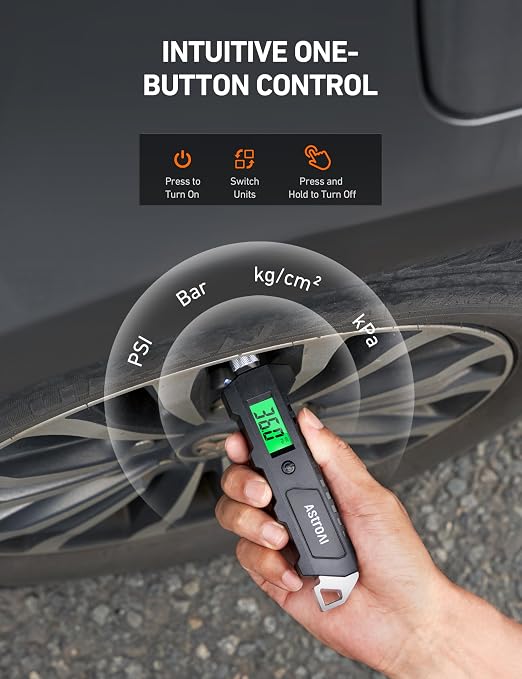AstroAI Digital Tire Pressure Gauge, 230 PSI 4 Settings Heavy Duty for Car Bicycle with Larger Backlit LCD Flashlight and Non-Slip, Black