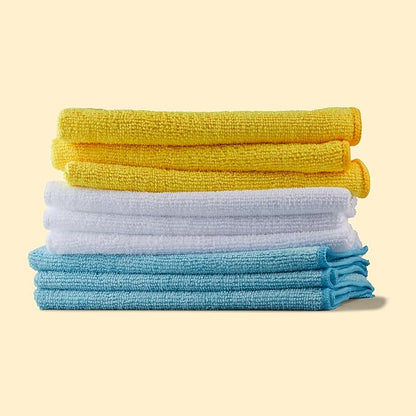 Amazon Basics Microfiber Cleaning Cloths, Ultra Absorbent, Scratch-Free, Highly Absorbent, Non-Abrasive, Reusable and Washable, 16" x 12", Blue/White/Yellow, 36-Pack