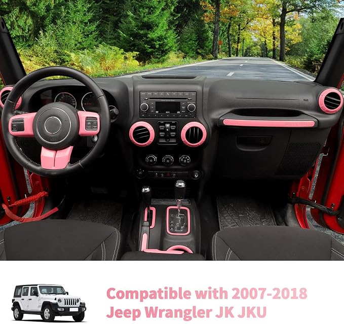 18PCS Full Set Interior Trim Kit for Jeep Wrangler JK JKU 2011-2018 4 Door,Center Console Door Handle Side Outlet Cup Holder Gear Cover Trim (Pink)