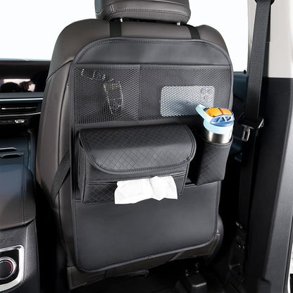 PU Leather Car Seat Back Organizer with Kick Mat Protectors, Tissue Box Storage, Cup Holder, Phone Holder for Road Trips. (Black)