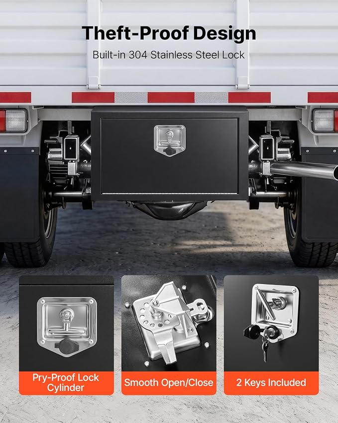 VEVOR Underbody Truck Tool Box, 24 x 12 x 14 Inch Heavy Duty Steel Trailer Storage Box with Lock & Keys, Waterproof Trailer Storage Organizer Under Body Chest with T-Handle for Truck, Van, SUV, Black