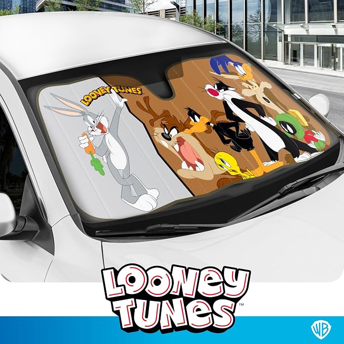 Looney Tunes Car Windshield Sun Shade for Front Window, Officially Licensed Car Sun Shade with Bugs Bunny Taz Daffy Duck and Friends Graphic, Accordion Style Sun Visor Sunshade for Car Windshield