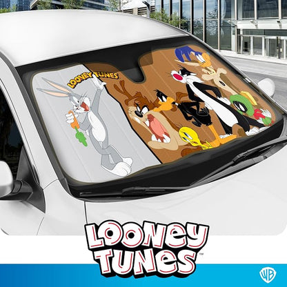 Looney Tunes Car Windshield Sun Shade for Front Window, Officially Licensed Car Sun Shade with Bugs Bunny Taz Daffy Duck and Friends Graphic, Accordion Style Sun Visor Sunshade for Car Windshield