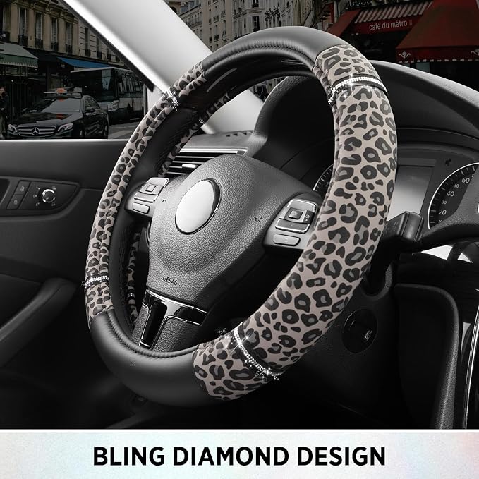 Road Comfort Leather Steering Wheel Cover – Premium Anti-Slip Car Steering Wheel Grip Cover – Universal Fit for 14.5”–15” Cars, Trucks & SUVs - Leopard Pattern