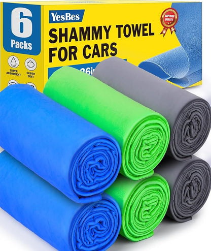 6 Pack Premium Shammy Cloth for Car Drying, 26”x17” Chamois Towel for Car, Super Absorbent Shammy Towel for Car, Reusable Soft Car Drying Towels