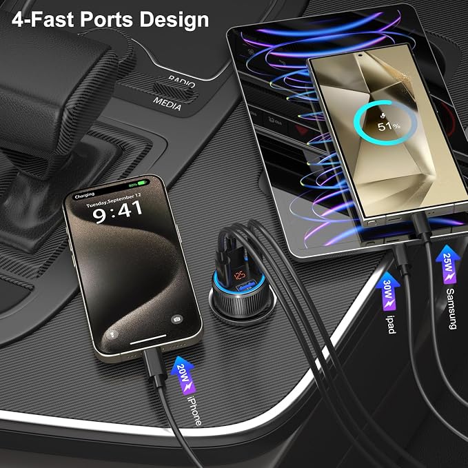 5 Pack USB C Car Charger, 4-Port 65W Car Power Adapter with Voltmeter QC+PD 3.0 Fast Charging Cigarette Lighter USB Charger for iPhone 17/16/15/14/13/12 Pro Max,Galaxy S25/S24,Android(Black)
