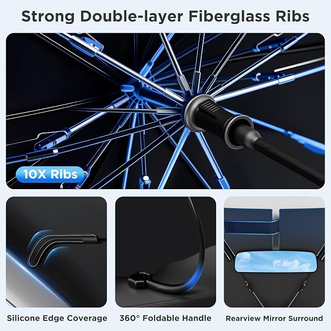 2026 Upgraded Windshield Sun Shade Umbrella [7-Layer Vinyl Coating Heat Shield] Foldable Front Window Sunshade Umbrella Flexible Handle Protect Interior from UV Keep Car Cooler (57" x 31")