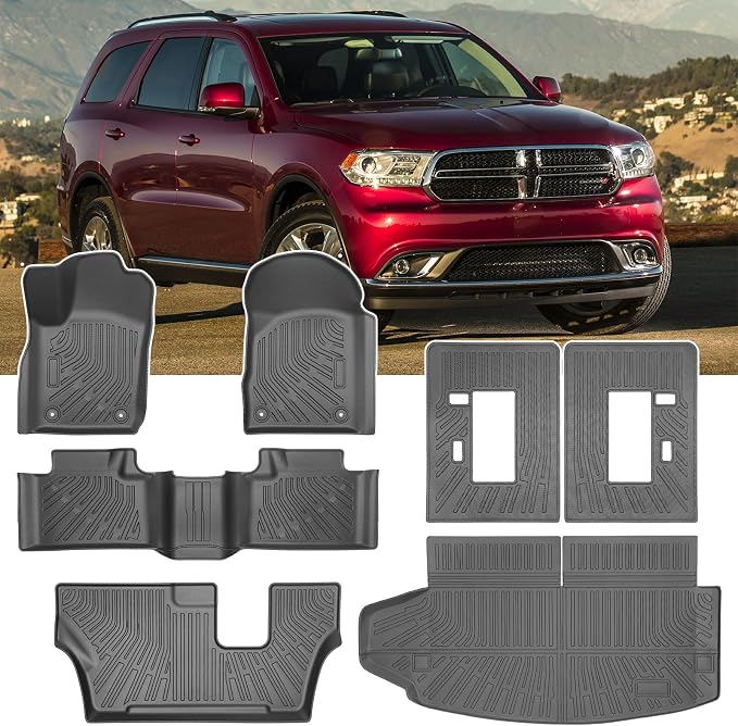 Floor Mats & Cargo Liner for Dodge Durango 7 Seats 2011 2012 2013 2014 2015, Custom Fit All Weather TPE Liners, Waterproof Anti-Slip Car Mats Accessories 1st & 2nd & 3rd Row & Trunk with Backrest Mat