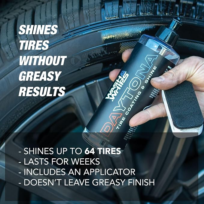 WASH&WHIPS Daytona Tire Coating - for a Glossy Wet & Shine Finish, Protection Formula, Easy to use for Car Detailing, Restores Trim & Wheels, Coats up to 64 Tires, 16 fl oz