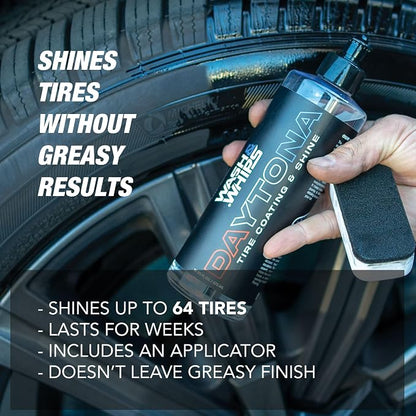 WASH&WHIPS Daytona Tire Coating - for a Glossy Wet & Shine Finish, Protection Formula, Easy to use for Car Detailing, Restores Trim & Wheels, Coats up to 64 Tires, 16 fl oz