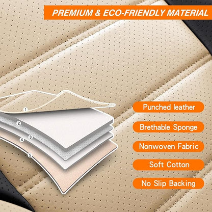 MINGBRON Car Seat Covers Full Set, Brown Car Seat Cover Lumbar Support, Car Seat Protector Waterproof, Nappa Leather Car Seat Cushion, Front Seats and Back Fit for Most Cars Beige