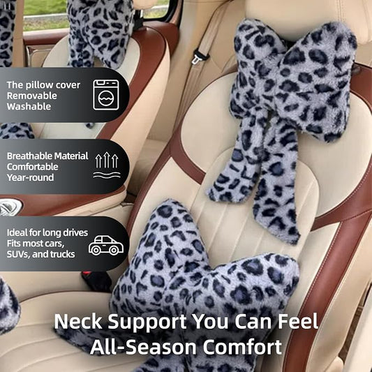 Car Neck Pillow 2PCS Plush Bowknot Car Headrest Pillow – Comfortable Neck Support for Driving Soft Touch Fabric Car Pillow Cute Interior Decor (Blue Leopard)