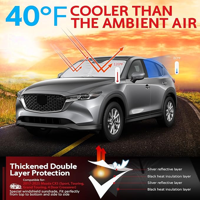 KAYZT Windshield Sun Shade for Mazda CX5 2017-2025 2026 Foldable Sunshade CX-5 Sport, Touring, Grand Touring, 4 Door Crossover Front Window Custom Fit Accessories