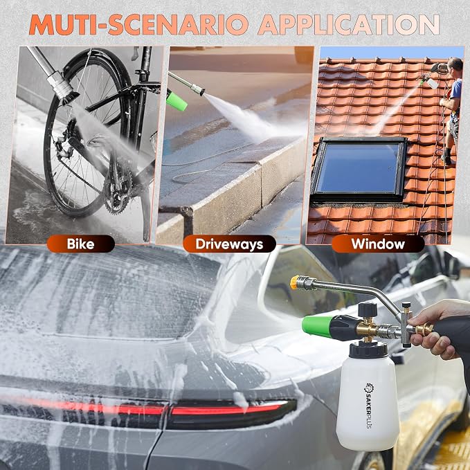 SakerPlus Foam Cannon Dual Connector Accessory,Pressure Washer Gun with Foam Cannon,1/4 Inch Quick Connector with 5 Power Washer Sprayer Nozzles,for Car Washing and Cleaning