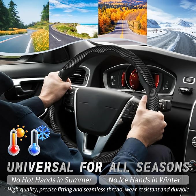 WOCOCN 3pcs Car Steering Wheel Cover,Anti-Skid Carbon Fiber Steering Wheel Protector for Men Women,Multiple Color Options,Universal for Most Car Interiors Accessories (Bright Black 3PCS)
