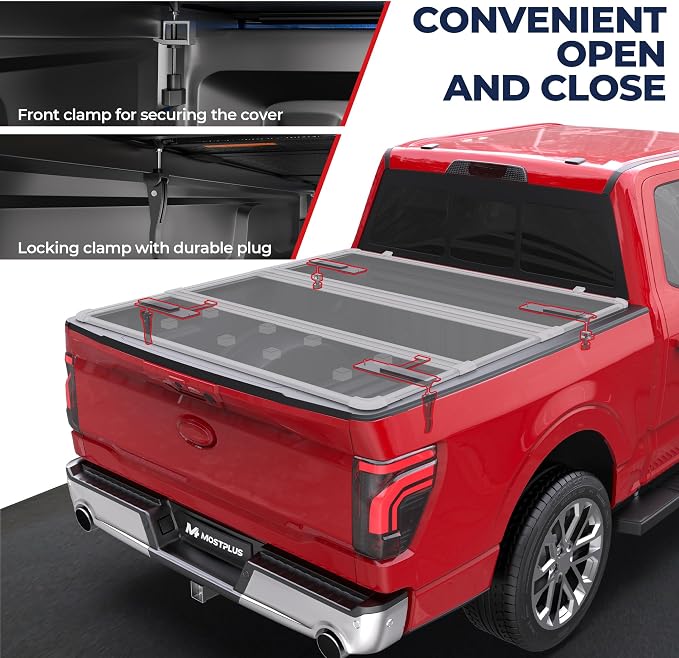 MOSTPLUS 5.5FT Fiberglass Tri Fold Hard Truck Bed Tonneau Cover Compatible with 2015-2025 2026 Ford F150 F-150 Long Bed On Top (67Inch)
