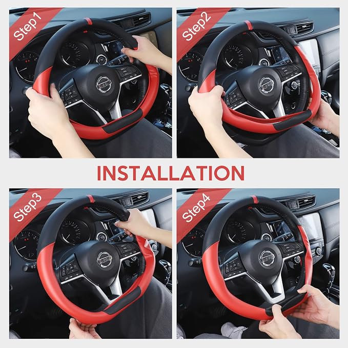 SEG Direct Flat Bottom Steering Wheel Cover, D Shaped Car Wheel Cover 14 1/2-15 in. (37-39 cm), Black Red Microfiber Leather