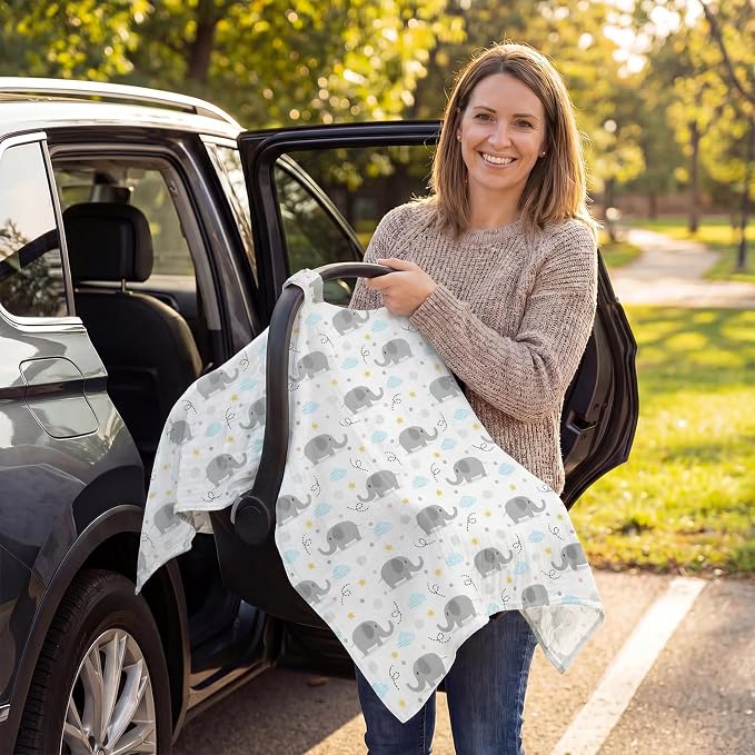Baby Car Seat Cover - 100% Muslin Cotton Universal Breathable Canopies for Boys and Girls Soft Spring Summer Car Seat Cover Lightweight Infant Car Seat Canopy - Gray Elephants