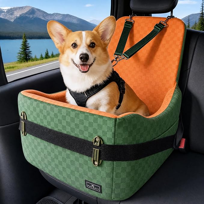 PETSFIT Dog Car Seat for Small/Medium Dogs Up to 35 lbs – Patented Safety System, 5" Memory Foam Pet Car Seat, Fully Detachable and Washable Cover, Front/Back Seat Travel Booster (Green & Orange)