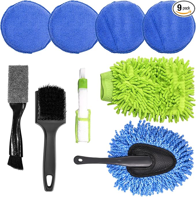 9Pcs Auto Cleaning Tools Set Contains Wheel Brush, Wash Mitt Microfiber, Foam Sponge Wax Applicator, Extendable Handle Interior Duster and 2 in 1 Air Vents Dashboard Clean Brush
