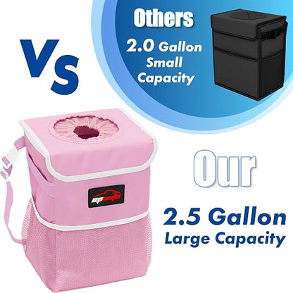 EPAuto Waterproof Car Trash Can with Lid and Storage Pockets, 2.5 Gallon Leakproof, Pink