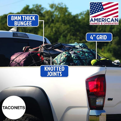TacoNets Titan Cargo Net for Toyota Tacoma Short Bed - Fits 2005-2026 - Patented Bed Rail Integration - Heavy Duty 8mm Premium Bungee 3'x4' Cargo Netting - Designed in USA