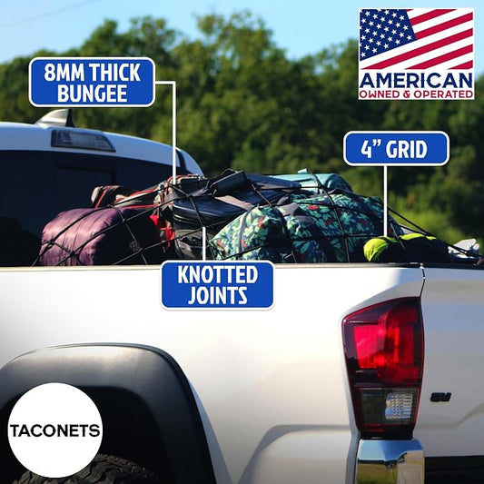 TacoNets Titan Cargo Net for Toyota Tacoma Short Bed - Fits 2005-2026 - Patented Bed Rail Integration - Heavy Duty 8mm Premium Bungee 3'x4' Cargo Netting - Designed in USA
