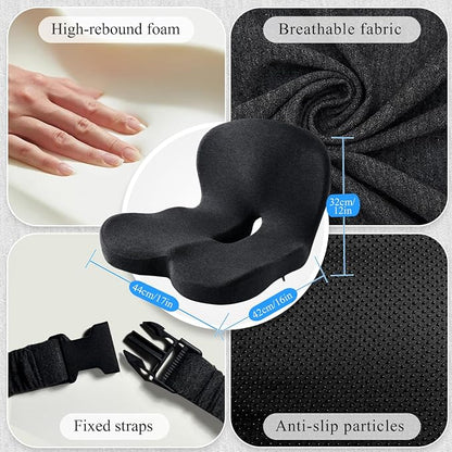 Car Seat Cushion, Memory Foam Driving Cushion with Adjustable Strap, Ergonomic Pad for Car & Semi Truck, Office Chair Cushion for Sciatica & Lower Back Pain Relief, Dark Gray