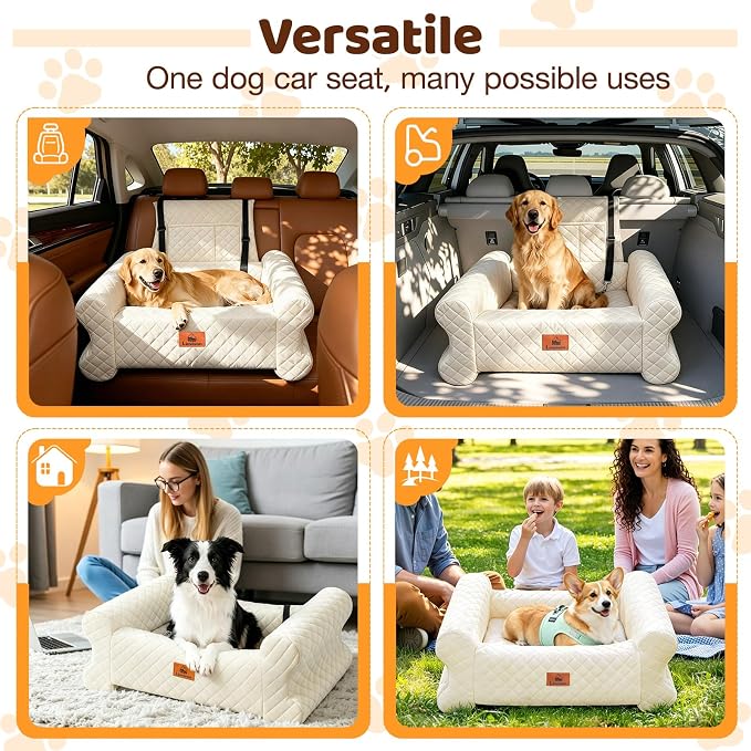 Dog Car Seat for Medium/Large Dogs up to 60 lbs, Memory Foam Dog Booster Seat with Thick Cushion, Pet Car Seat for Back with Detachable Washable Cover, Storage Pockets for SUV, Pick Up, Trunk, White