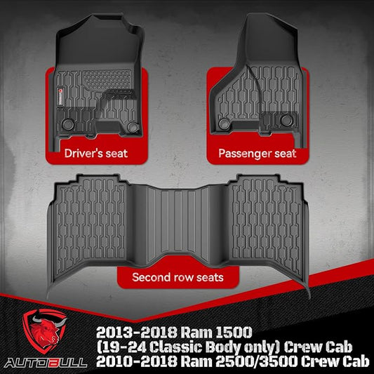 Floor Mats Compatible with 2013-2018 Ram 1500 (19-24 Classic Body only) Crew Cab; 2010-2018 Ram 2500/3500 Crew Cab, All Weather TPE Floor Liners, Custom Fit Car mats, 1st & 2nd Row, Black