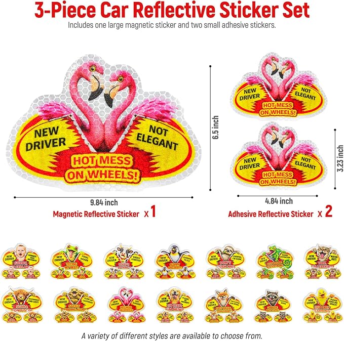 3 Pcs Reflective Student Driver Magnet and Stickers Set - Funny Animal New Driver Safety Signs for Car, Waterproof & Weatherproof High Visibility Vehicle Bumper Decals, Magnet + Stickers (Flamingo)