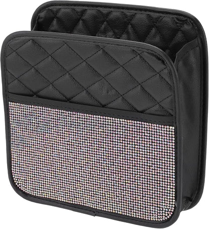 1 Pcs Universal Car Trash Can Hanging 10.2" Length 3.5" Width 10.2" Height Trash Bin Multicolor Faux Leather Rhinestone