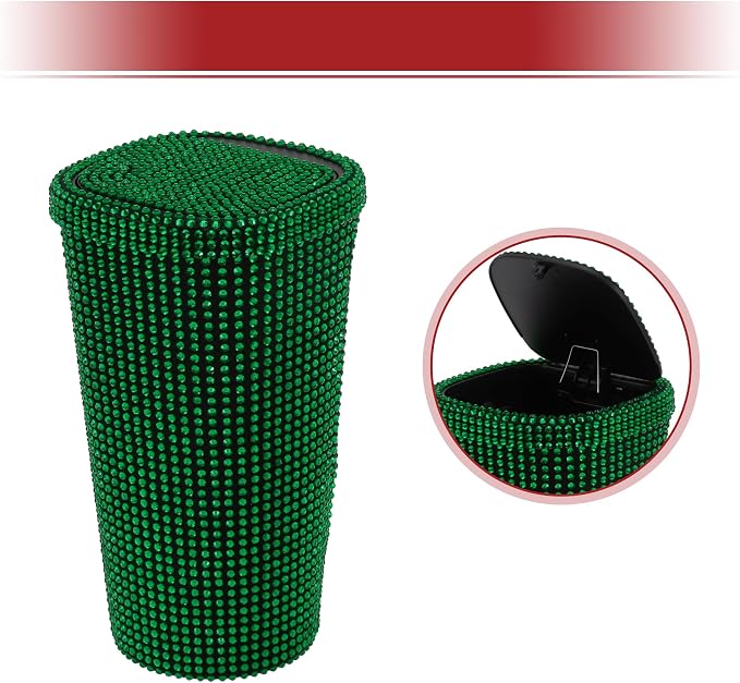 ACROPIX Car Trash Can Trash Bin Rhinestones Portable 3.5" Length 3.5" Width 6.3" Height Green Rhinestone Plastic