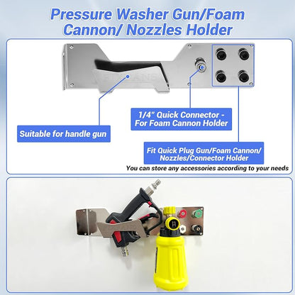 FIXFANS Pressure Washer Gun Holder, Power Washer Snow Foam Lance Holder Tool Organizer, Wall Mounted Nozzle Tips and Foam Cannon Kit Storage Rack of Car Wash Accessories, 1/4" Quick Connect