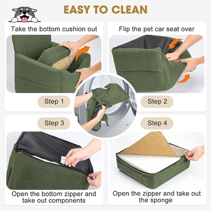 JOEJOY Dog Car Seats for Small Medium Dogs Under 35lbs, Dog Booster Seat with Detachable Washable Cover and Cushion, Memory Foam Pet Car Seat with Safety Belt and Storage Pockets (GN)