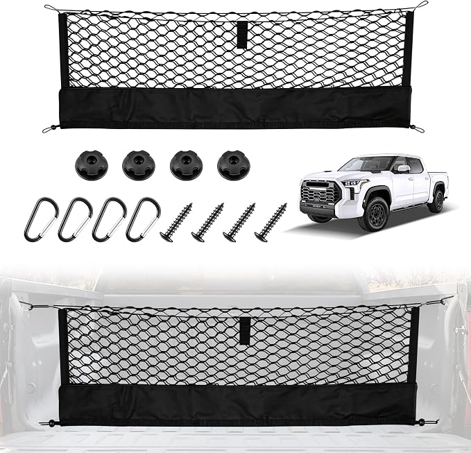 Amiss Truck Bed Cargo Net with Bottom Organizer, Compatible with Toyota Tundra 2007-2024 2025 2026, Portable Storage for Pickup Cargo and Heavy Duty Hook, Exterior Accessories for Car SUV