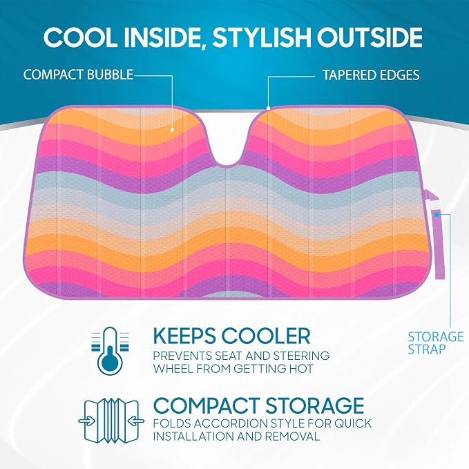 BDK Retro Wave Automotive Windshield Sunshades Accordion Folding Style - Windshield Sun Shade Auto Shade for Cars Trucks SUVs Vans Sun Visor Protector to Block UV Rays - Keeps Vehicle Cool 58' x 27'