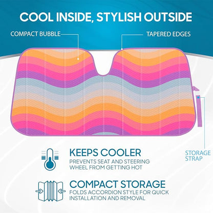 BDK Retro Wave Automotive Windshield Sunshades Accordion Folding Style - Windshield Sun Shade Auto Shade for Cars Trucks SUVs Vans Sun Visor Protector to Block UV Rays - Keeps Vehicle Cool 58' x 27'