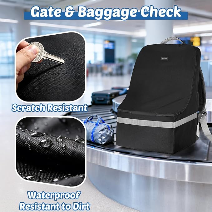 Padded Car Seat Travel Bag For Airplane: Backpack Car Seat Cover for Air Travel, Carseat Bag With Shoulder Strap for Infant Car Seats, Boosters & Carriers, Flying Accessories For Gate & Baggage Check