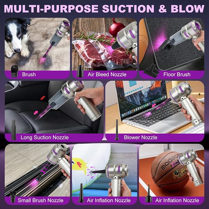 Handheld Car Vacuum Portable Cordless - 18000PA High Power with Brushless Motor, 4-in-1 Air Duster, Blower, Pump & Rechargeable Mini Vacuum for Car, Home, Office (Silver Grey+Purple)
