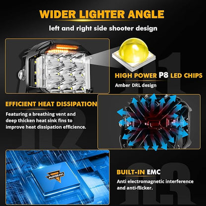 Auxbeam 5" 168W Round LED Offroad Light Pod with Amber DRL, V-MAX Series 16440LM Side Shooter LED Offroad with 270° Beam & Amber Covers, Auxiliary Driving Light for Truck ATV Jeep Ford