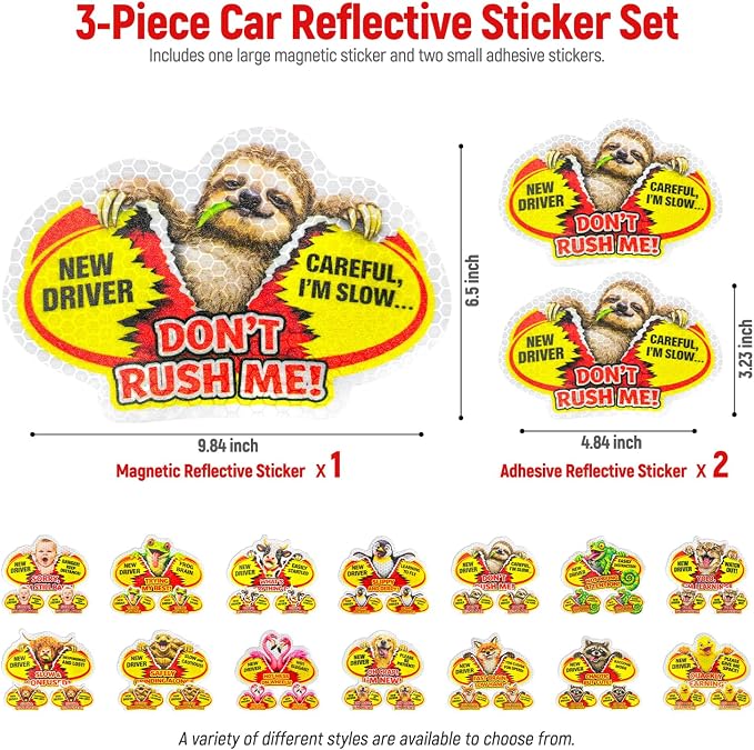 3 Pcs Reflective Student Driver Magnet and Stickers Set - Funny Animal New Driver Safety Signs for Car, Waterproof & Weatherproof High Visibility Vehicle Bumper Decals, Magnet + Stickers (Sloth)