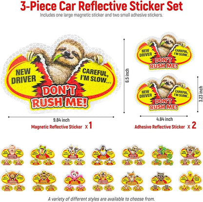3 Pcs Reflective Student Driver Magnet and Stickers Set - Funny Animal New Driver Safety Signs for Car, Waterproof & Weatherproof High Visibility Vehicle Bumper Decals, Magnet + Stickers (Sloth)