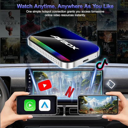Wireless CarPlay & Android Auto Adapter, Magic AI Box with YouTube TikTok, Built-in Play Store and Screen Mirroring, Plug and Play Video Adapter for OEM Factory Wired CarPlay Vehicles
