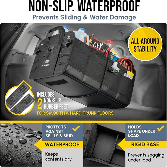 2-Section Trunk Organizer Foldable Car Storage Bin – Compact Dual-Compartment Auto Organizer with Cover Net, Non-Slip Pads, Heavy Duty Oxford 1680D – Black