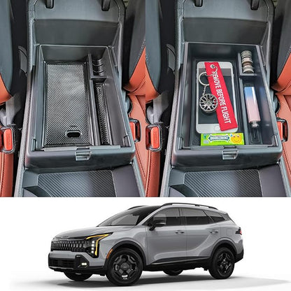TACORBO Center Console Organizer Compatible with Kia Sportage 2023 2024 2025 2026 NQ5 Accessories, 5th Generation Sportage Armrest Insert Tray Secondary Storage Box floor mats, ABS Material Black Line