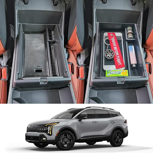 TACORBO Center Console Organizer Compatible with Kia Sportage 2023 2024 2025 2026 NQ5 Accessories, 5th Generation Sportage Armrest Insert Tray Secondary Storage Box floor mats, ABS Material Black Line