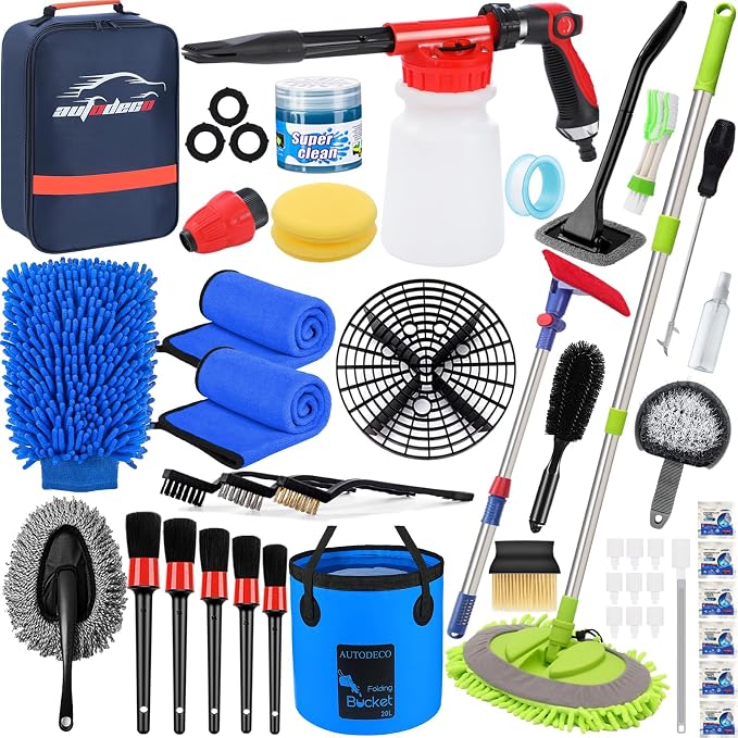 44Pcs Car Wash Detailing Kit Cleaning Kits with Foam Gun Sprayer Wash Mop with Long Handle Collapsible Bucket Large Wash Mitt Towels Complete Interior Exterior Car Washing Supply Set Blue